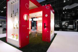 Custom Laminated Wood Exhibit with Vinyl Wrap -- Includes (8) Showcases, (2) Bridge Headers, (1) Tapered Square Hanging Sign, LCD Monitor Wall with an Inset Screen, Storage Closet, Meeting Area, and Internal Wiring for Lighting -- Image 2